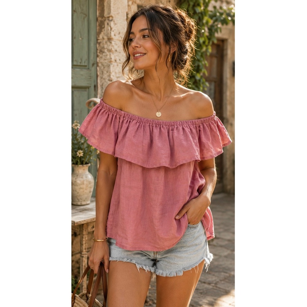 Harve Benard Linen Off Shoulder Ruffle Top Coastal Boho Cottagecore Pink Sz M